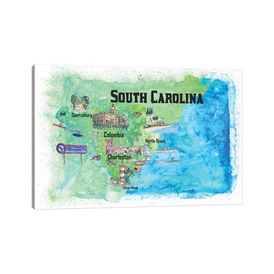 USA, South Carolina Illustrated Travel 1 Piece Wrapped Canvas Wall Art