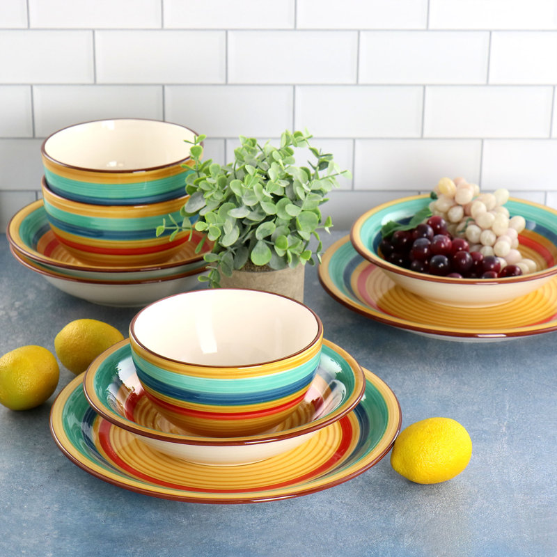Service de table 12 pièces en grès multicolore jaune