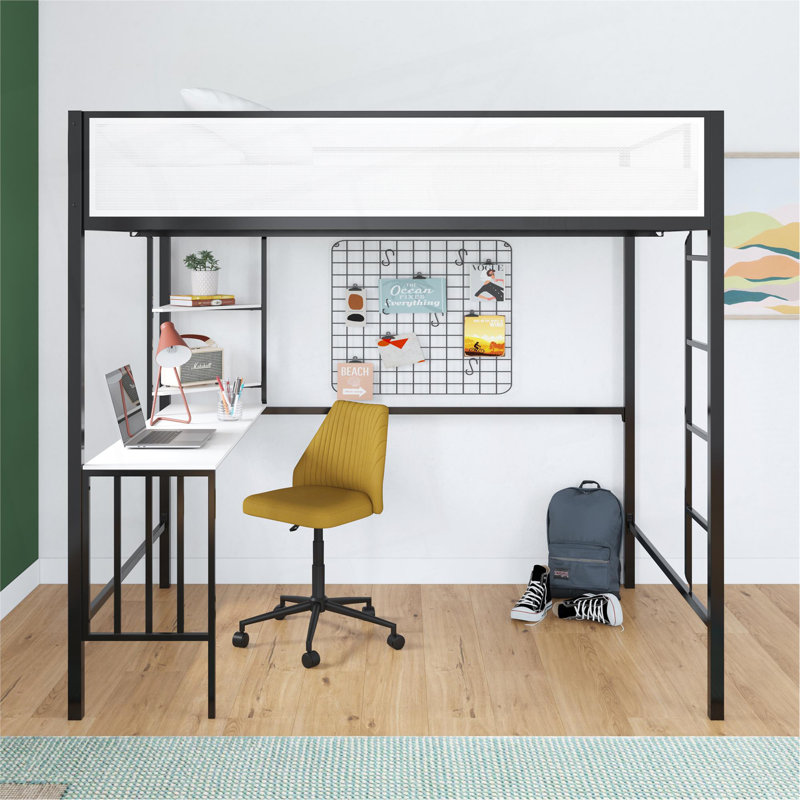 Lit mezzanine double avec bureau et tablettes Axel, Lit double