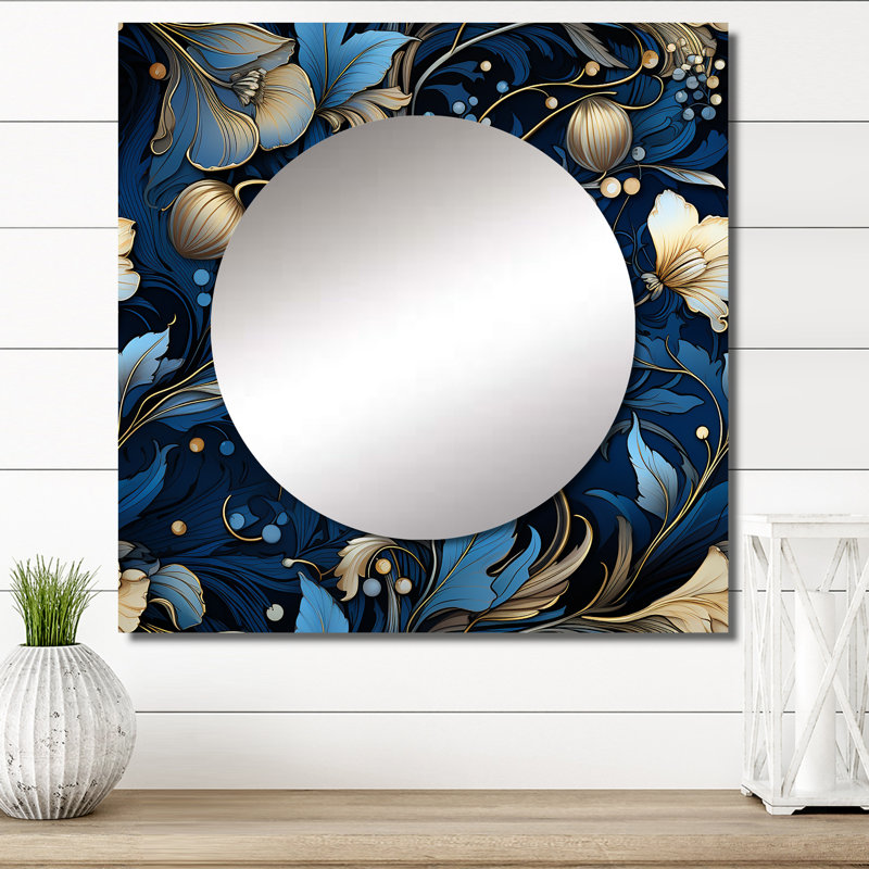 Motif victorien cobalt bleu nouveau vignes - art mural miroir floral carré pour salle de bain, 29 po x 29 po