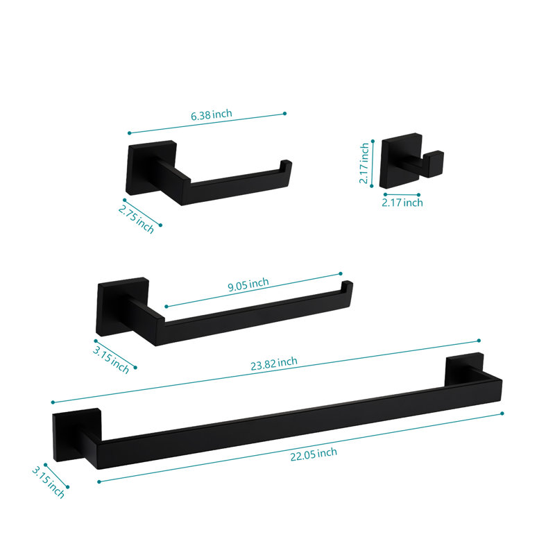 Quincaillerie de salle de bain noir mat, 4 pièces, en acier inoxydable, Noir mat