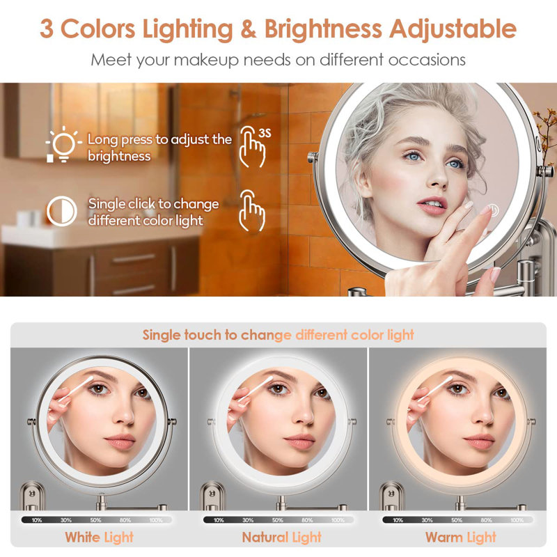 Rechargeable Lighted Wall Mounted Makeup Mirror With 3 Colour Lights,Dimmable Touch Screen,8 Inch LED Double Sided 1X/10X Magnifying 360°Flexible 13 Inch Retractable