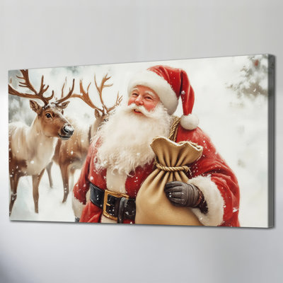 Grand Abhinaya - peinture du père Noël et du renne, impressions sur toile de scène de neige hivernale, impressions de photos de vacances pour le salon, la chambre à coucher ou la cuisine, décoration murale prête à être suspendue, 30 po x 60 po