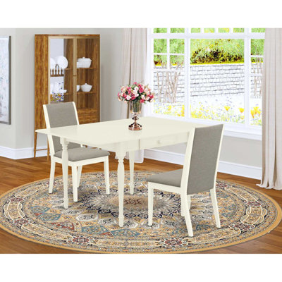 3 Piece Kitchen Table & Chairs Set Contains a Rectangle Dining Table with Dropleaf and 2 Shitake Linen Fabric Upholstered Chairs, Linen White