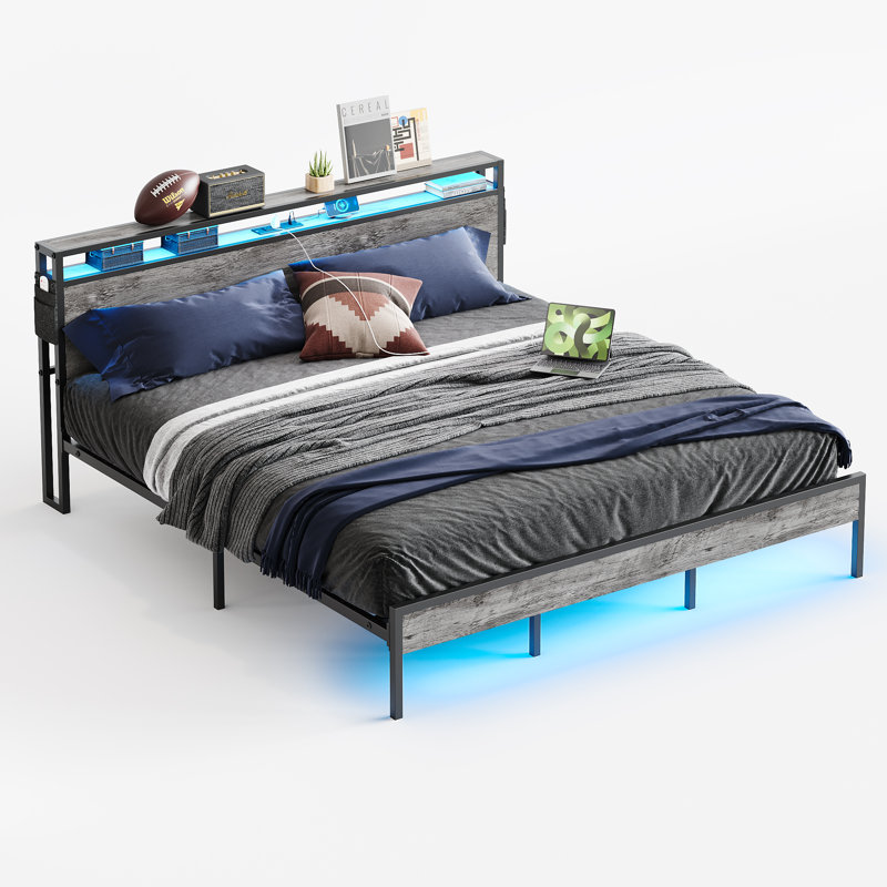 King Size Rustic Metal Platform Bed with LED Storage Headboard