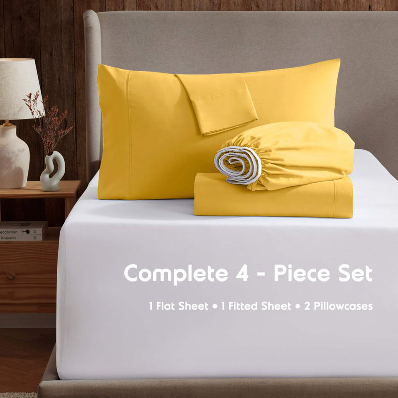 Hotel Collection Soft Breathable Bed Sheet Set with Deep Pocket Fitted Sheet, Yellow, Queen