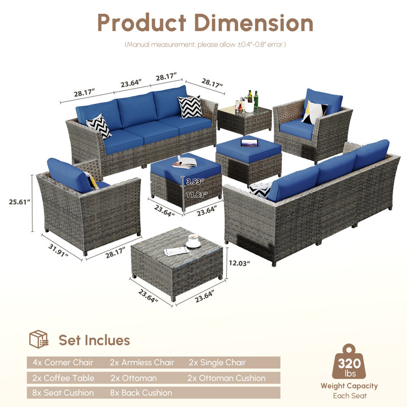 Darihanna 8 Piece Rattan Sectional Seating Group with Cushions, Navy Blue