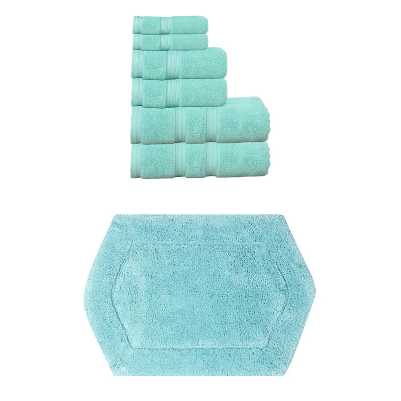 Bryd Collection 100% Soft Cotton 6 Pc Towel Set & 1 Pc 17x24" Bath Rug, (Set of 7), Turquoise