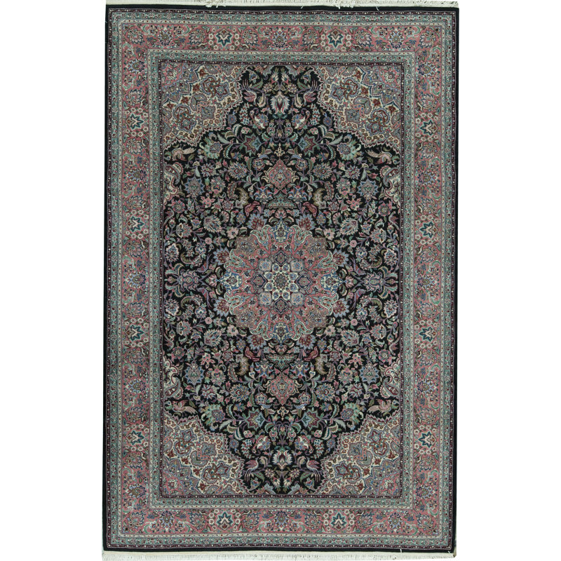 Wool Oriental Area Rug in Black/Pink/Green