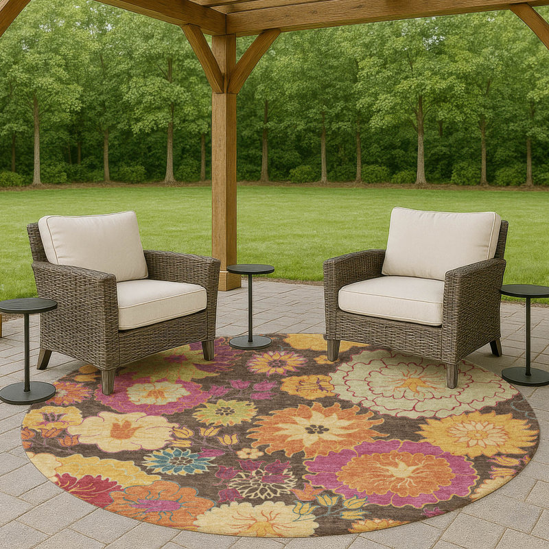 Machine Washable Indoor/Outdoor Chantille ACN2293 Floral Rug, Round 8'