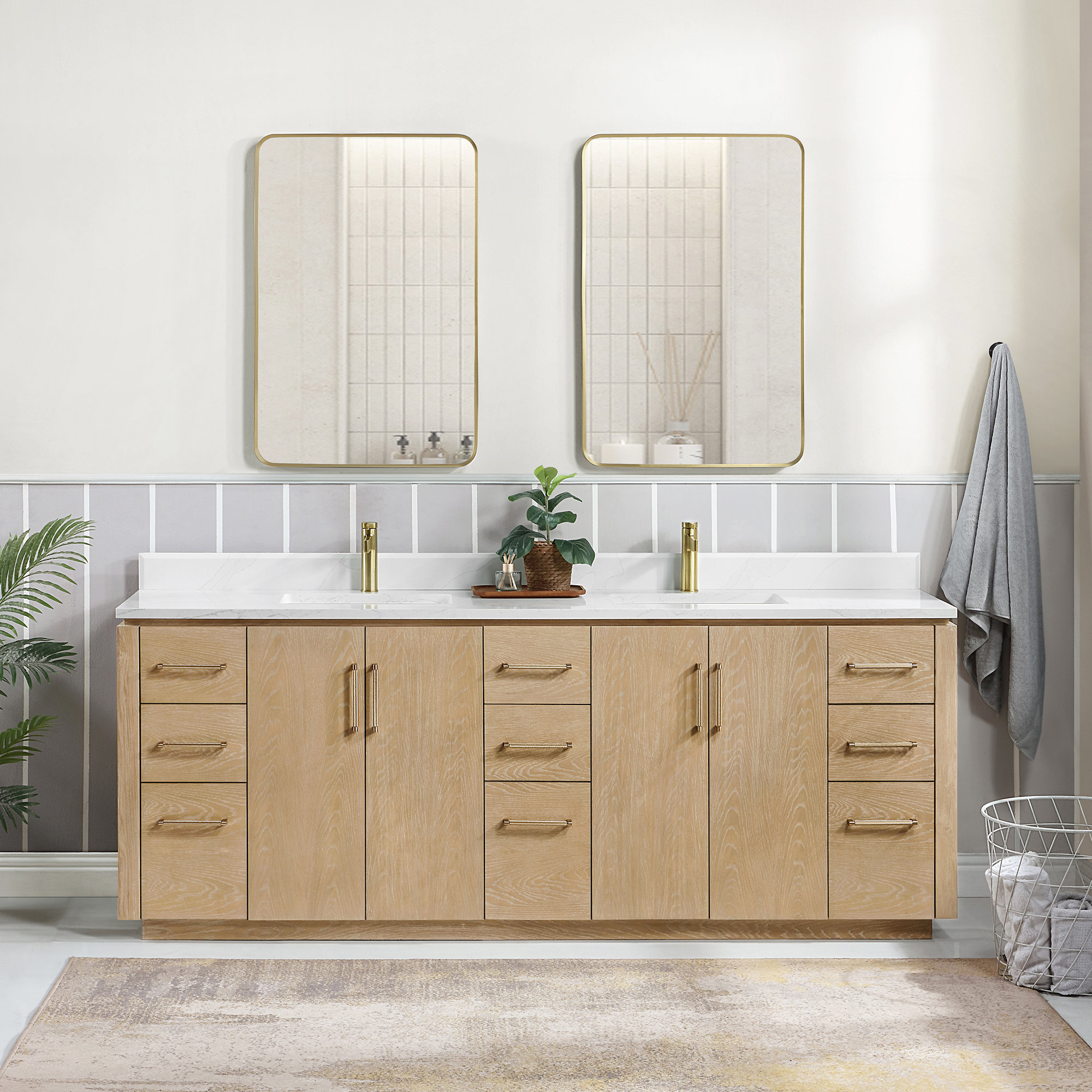 Cloverfield 84'' Double Bathroom Vanity, Washed Ash Gray, Gold