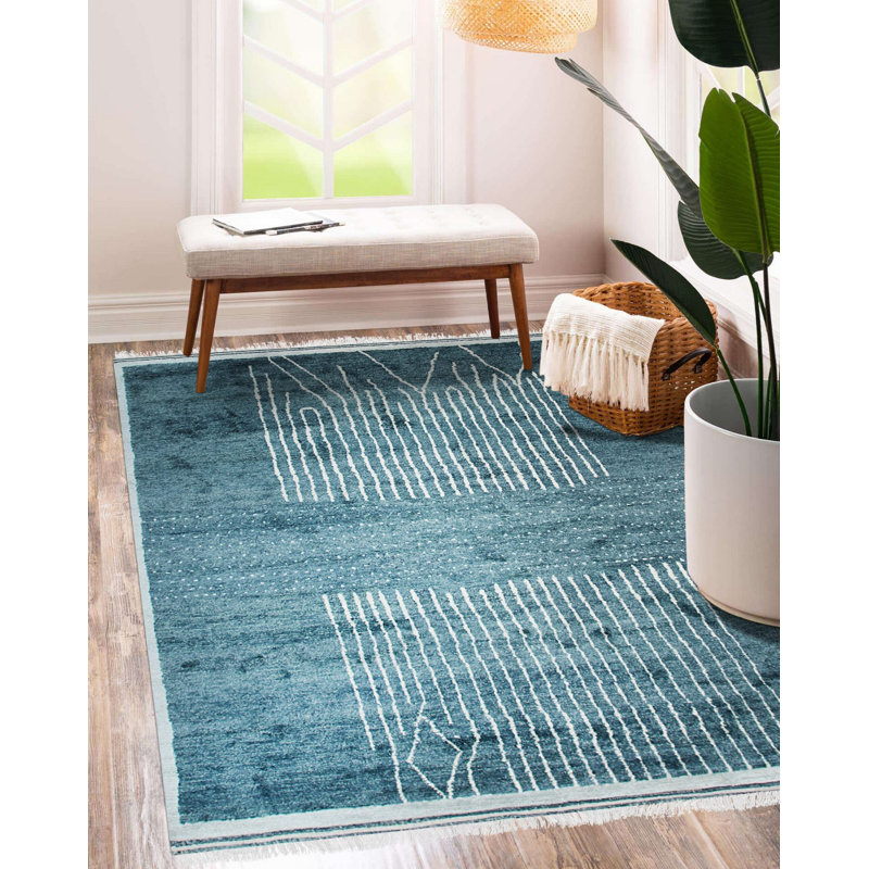 Green Hand-Knotted Wool Linear Forest Geometric Modern Contemporary Carpet Rug, 9' x 12'