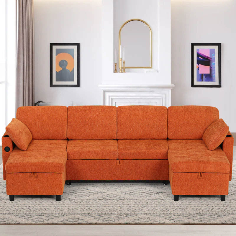 108" Sectional Sleeper Sofa Bed With Storage Chaises And Adjustable Backrest, U-Shape Reversible Couch With Pull-Out Bed, Convertible Sofa With USB Charging Port For Living Room, House