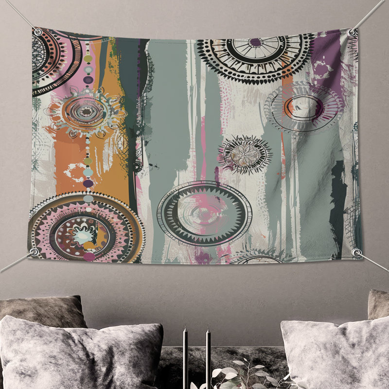 Tapisserie murale Mandala - Décoration murale abstraite, H 68 po x l 80 po avec 4 œillets