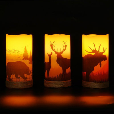 Christmas Flameless Candles Battery Operated With Rope, Deer, Bear, Moose, Remote Control And Timers, Rustic Country Home Farmhouse Cabin Decor Gifts, 3”x 6”