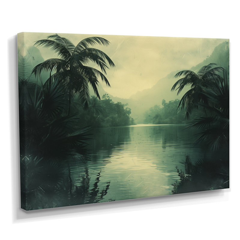 Décoration murale oasis tropicale grise et verte - palmiers et palmiers, Toile tendue, H 12 po x l 20 po