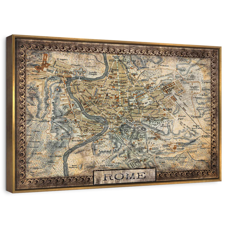 Carte rétro de la ville de Rome, Cadre flottant doré, 37 po x 25 po