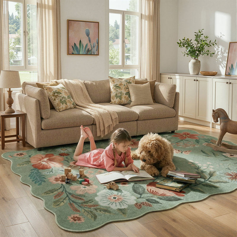 Floral Washable Rugs Non-Slip Soft Rugs for Living Room Bedroom Ultra-Thin Boho Accent Carpet, Rectangle 8' x 10'