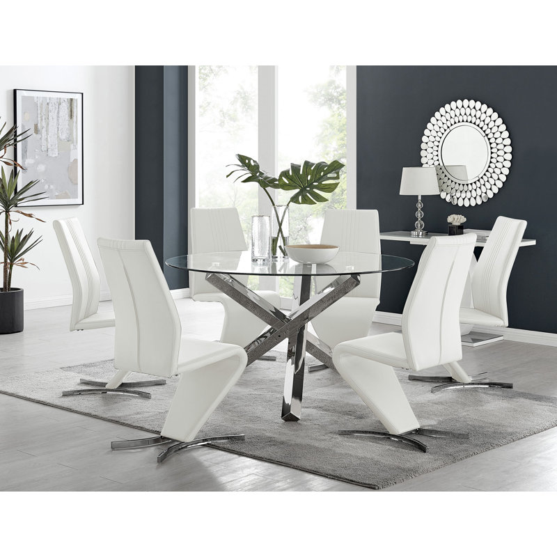 Vogo Modern Design Chrome and Glass Dining Table Set with 6 Modern Design Faux Leather Dining Chairs, White