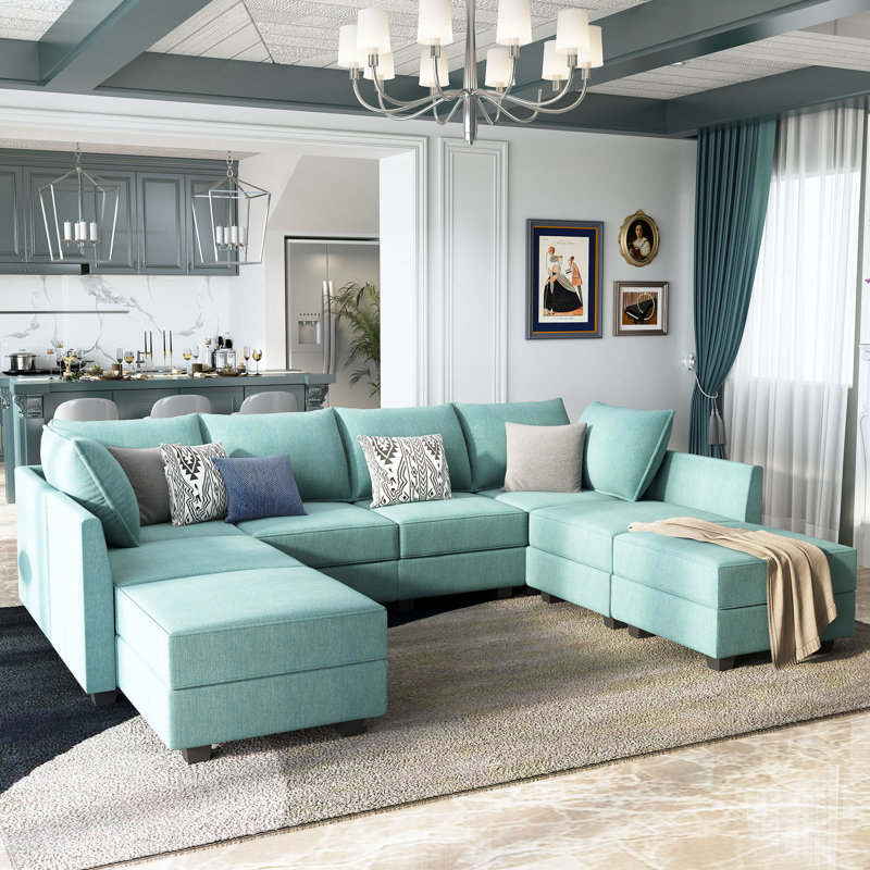 Coss U shaped Sectional Sofa Modular Sectional Couch with Storage Ottoman, Blue Polyester