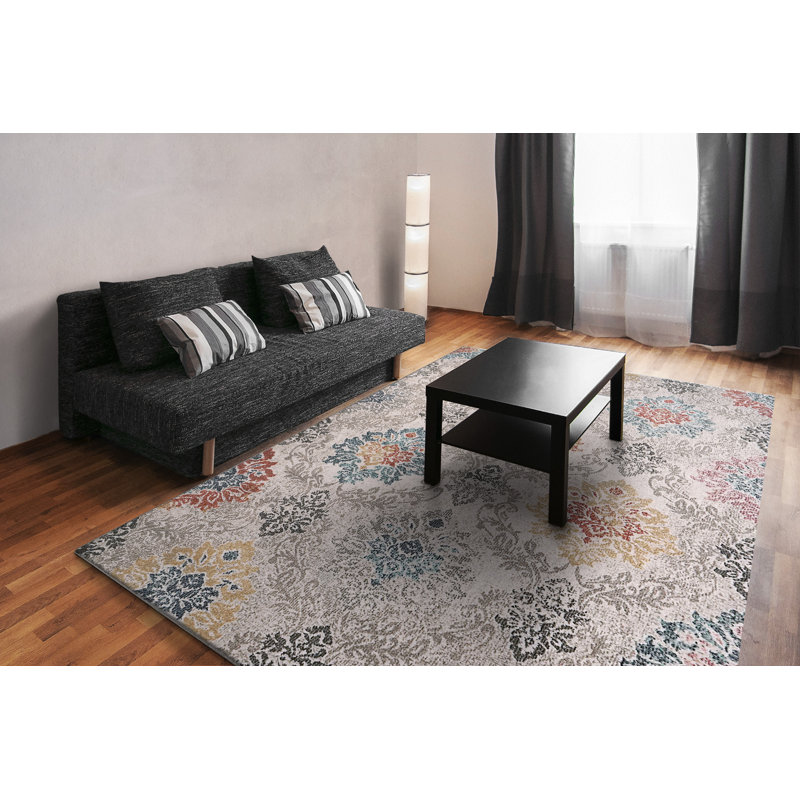 Tapis damassé ivoire / gris / rouille, Rectangle 9,2 pi 12,6 pi