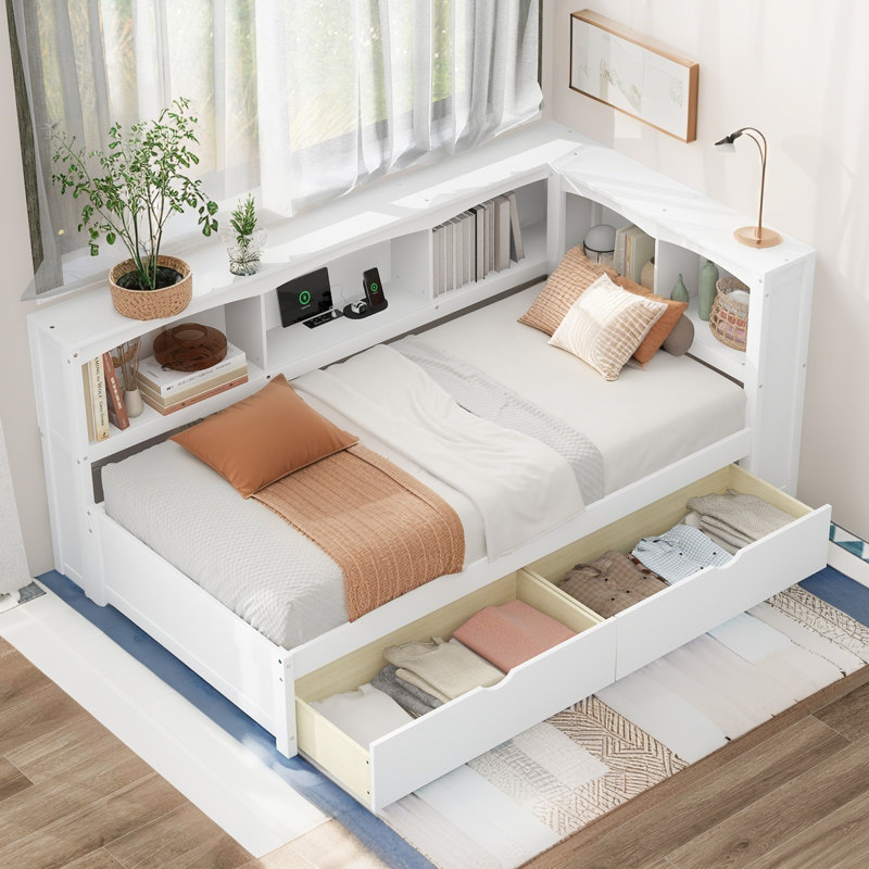 Lit de jour en bois massif avec deux tiroirs de rangement, armoires de rangement et ports USB, Blanc