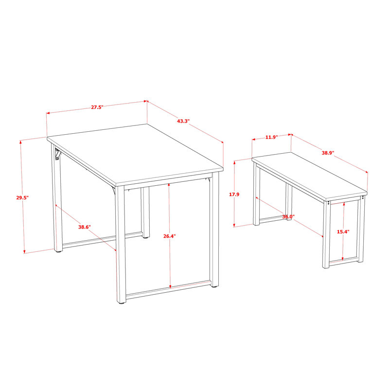 L'ensemble de salle à manger 3 pièces à structure en métal pour petits espaces comprend une table rectangulaire et 2 bancs, un plateau noir thermolaqué et une structure en bois stratifié brun