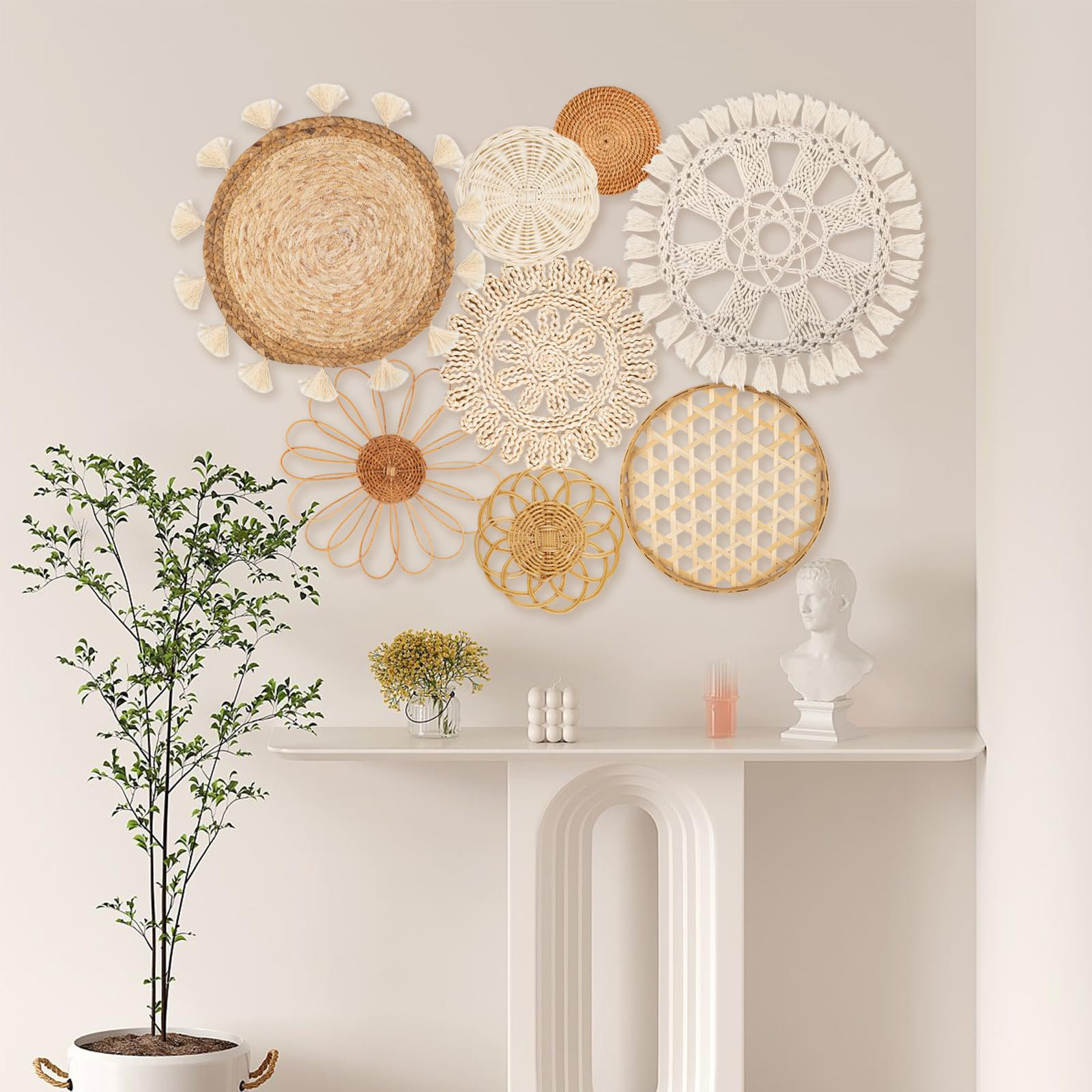 Dakota Fields Boho Wall Basket Decor Set Of 8 - Flat Woven Basket Wall