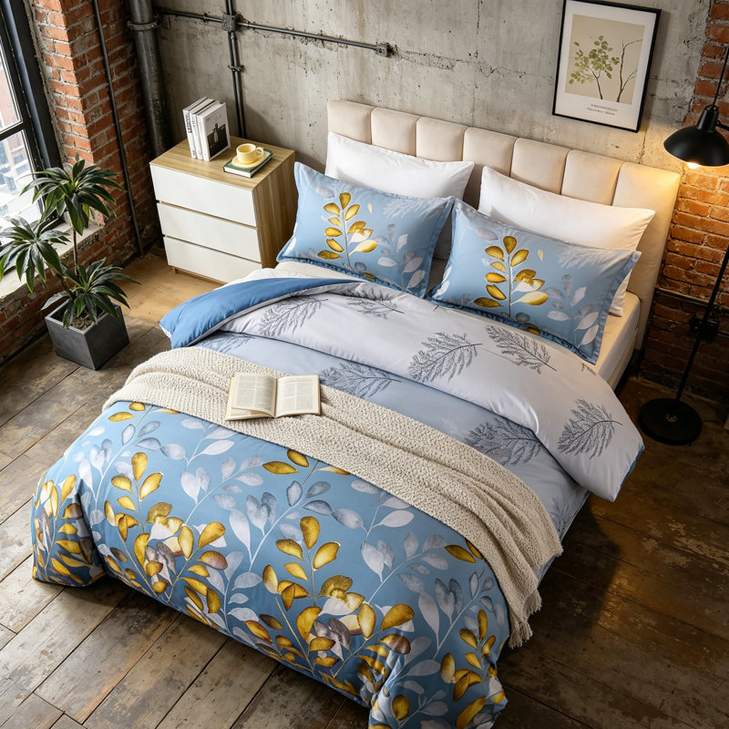 King Navy Gold Botanical Reversible Comforter Set - All Season Soft, Blue/Yellow Floral