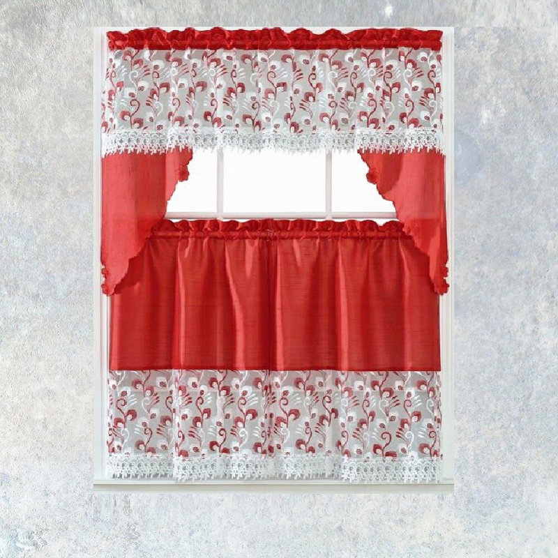 Red and White Floral Polyester Kitchen Window Curtain Set