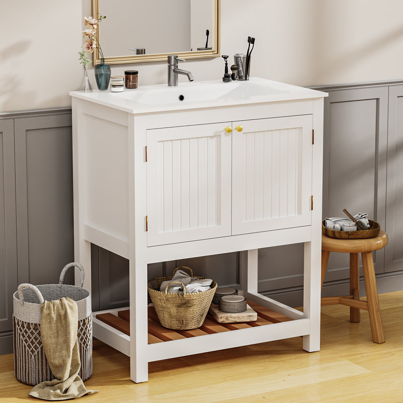 Meuble-lavabo sur pied 30 po avec lavabo en céramique, Blanc, 30"