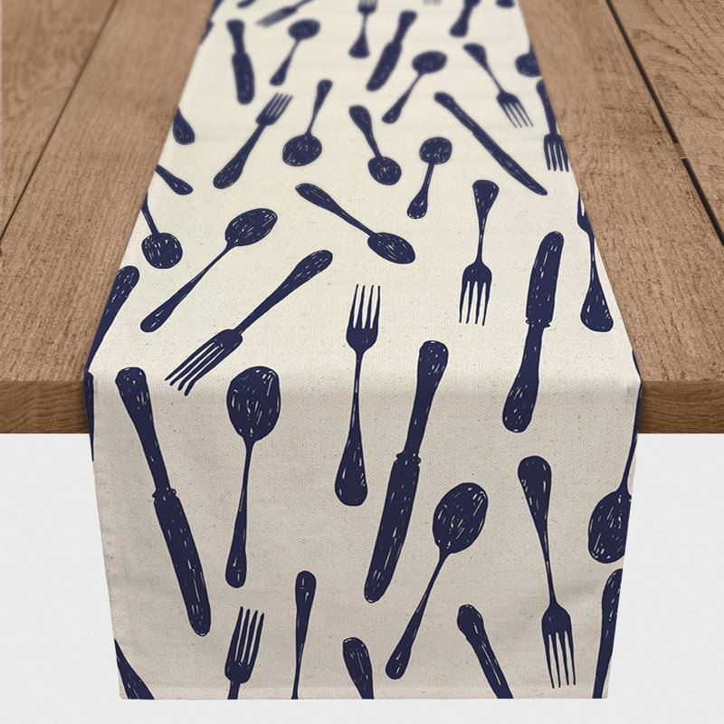 Sketchy Kitchen Utensils 4 Table Runner, Navy, 90" L