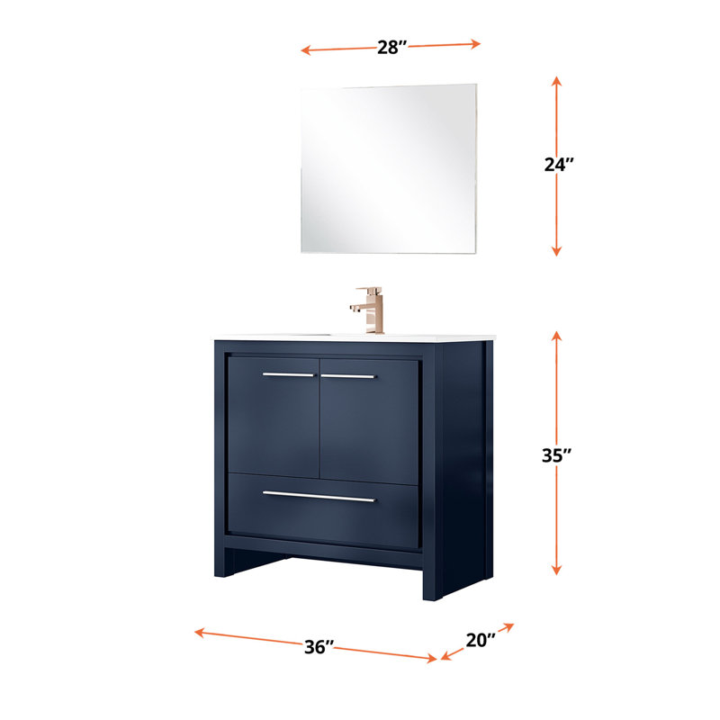 Meuble-lavabo bleu marine 36 po L 20 po x P 20 po, comptoir en quartz blanc, robinet en or rose et miroir de 28 po, résistant aux égratignures et aux taches