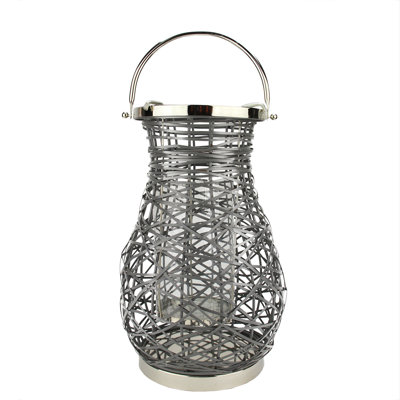 Modern Decorative Woven Iron Pillar Candle Lantern with Glass Hurricane