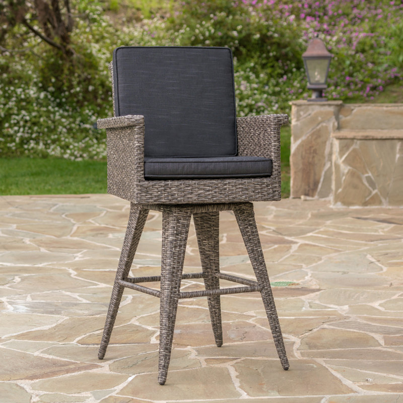30" Outdoor Wicker Swivel Barstool With Water Resistant Cushion, Mixed Black And Dark Grey