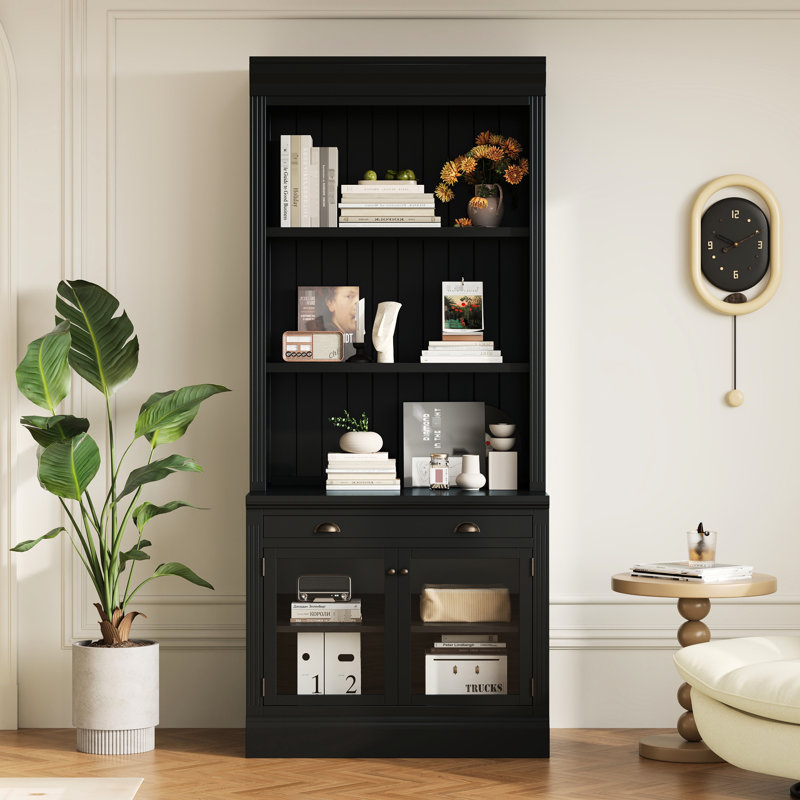 Bibliothèque moderne rectangulaire de 83,4 po de hauteur avec portes en verre et tiroir pour le décor de la chambre à coucher, poignées en métal de haute qualité et tablettes 2 1