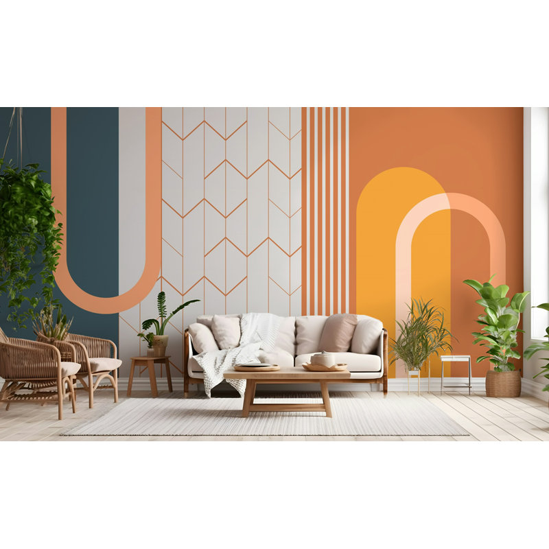 Papier peint géométrique rétro arche bleu sarcelle et orange, L 50 po x l 75 po