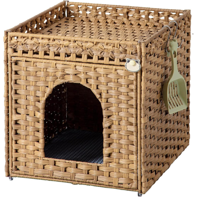 Enclos pour chat, litière cachée avec tapis et clôture, maisonnette en rotin tissée à la main avec deux crochets en forme de S pour le salon et la chambre à coucher
