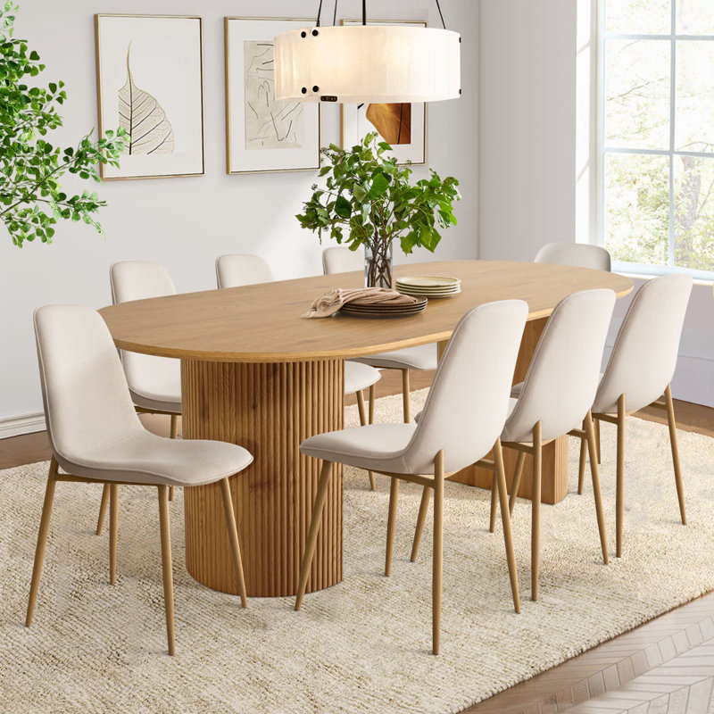 8 - Person Dining Table Sets With 79" Oval Table & 8 Upholstered Fabric Chairs