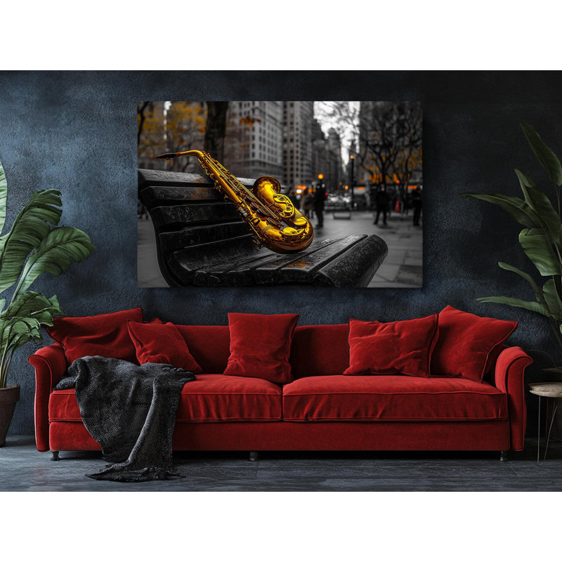 Reproduction d'art sur toile de qualité supérieure - Saxophone sur un banc - reproduction d'art sur toile - cadeau - décoration murale