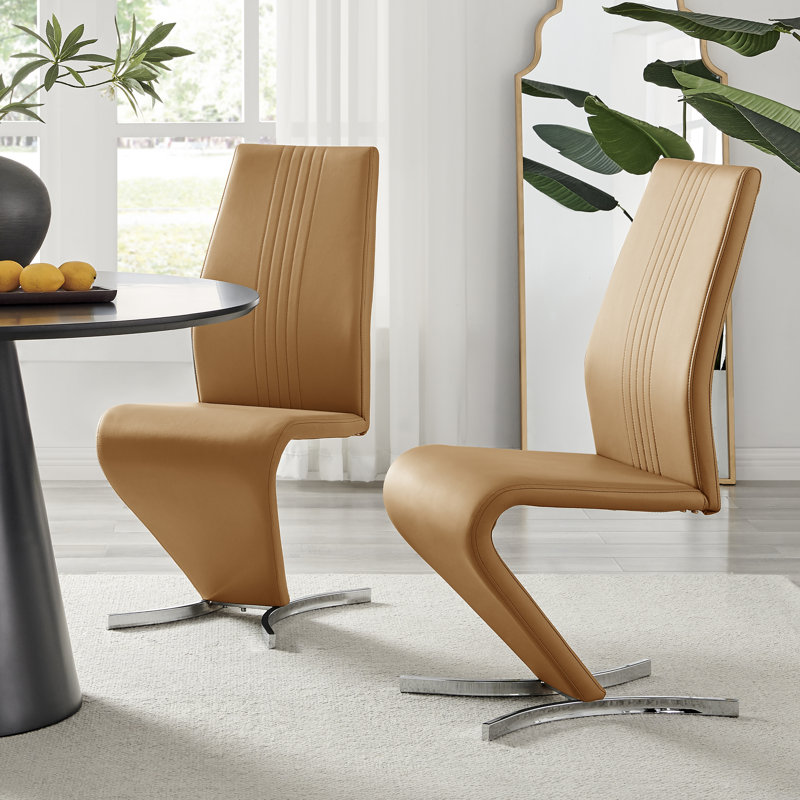 Bauko Faux Leather Chrome Legs Dining Chairs Z-Shaped Chrome Feet Modern Design, Mustard