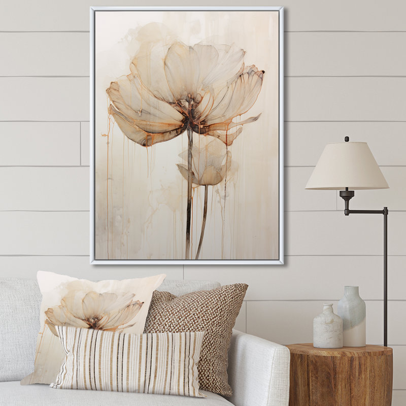 «Beige Lotus Reflections I» sur toile, Cadre flottant blanc, H 32 po x l 24 po x P 1 po