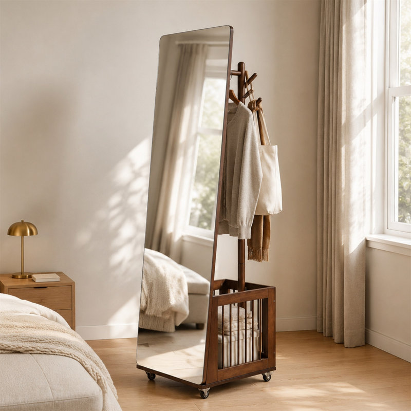 Solid Wood Rolling Coat Rack with Storage Basket & Full-Length Mirror, Mobile Garment Stand with Lockable Casters for Entryway, Bedroom, Hall Closet