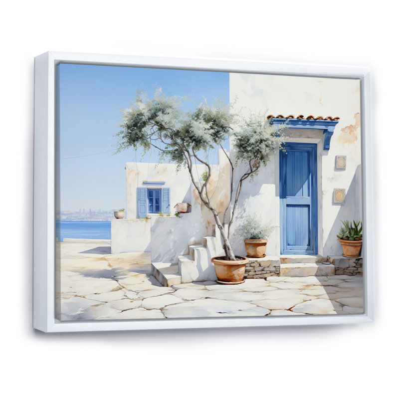 Welke, Grèce, Cycladic Harmony II - Grèce, art mural, H 30 po x l 40 po x P 1,5 po, Cadre flottant blanc