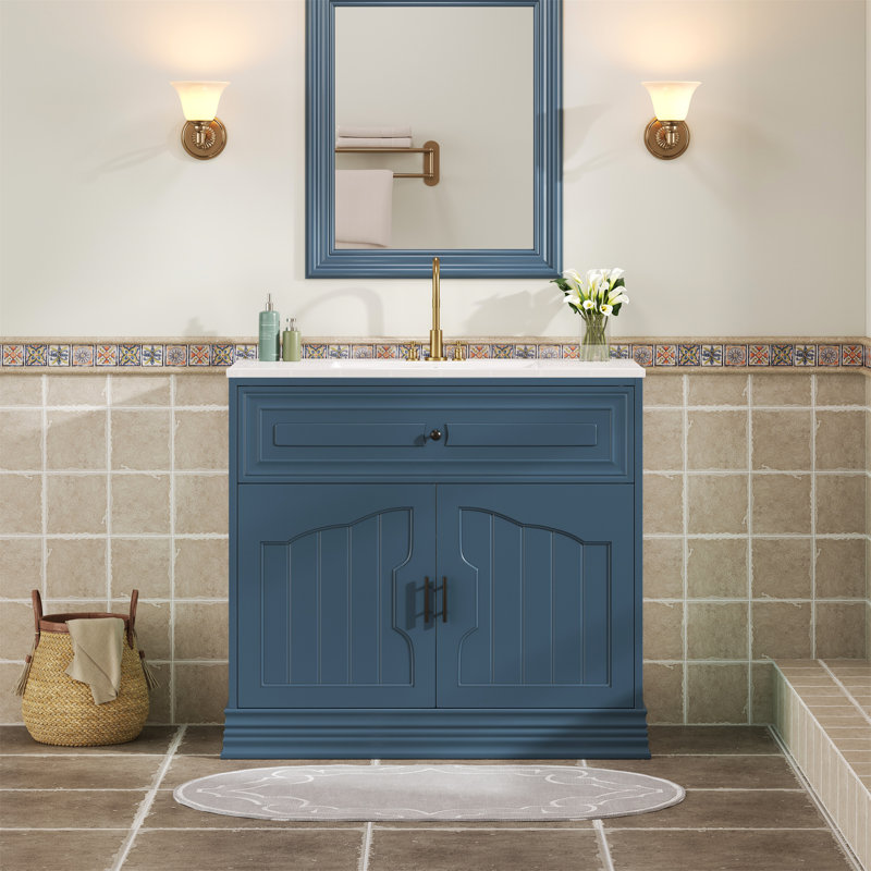 Meuble-lavabo bleu 36 po avec lavabo en céramique et portes à fermeture en douceur 36 po