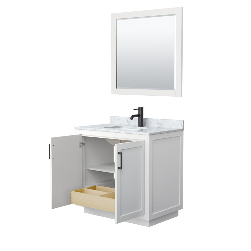 Ensemble de meuble-lavabo simple autoportant 36 po avec plateau en marbre Miranda, Noir mat, Blanc