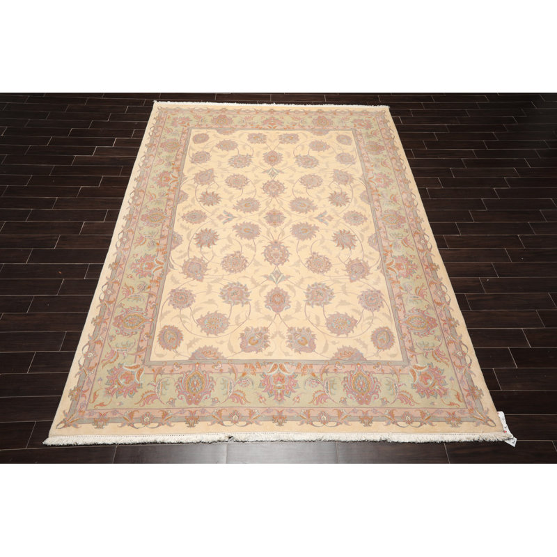Tapis beige en laine et en soie noué à la main de conception unique 8 pi 3 po x 11 pi 6 po Gaidis