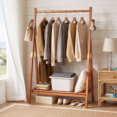 Sturdy A-Frame Clothing Rack with Shelf & Side Hooks - Classic Pine Wood Garment Stand for Bedroom or Entryway