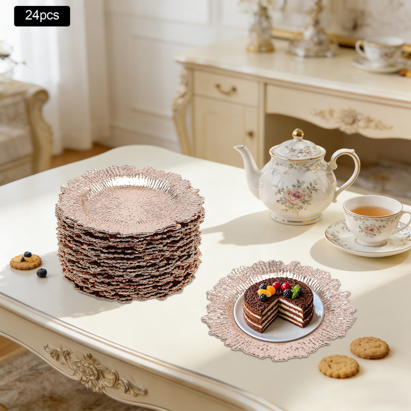 Ensemble de 24 assiettes décoratives en plastique 12,6 po pour assiettes décoratives multicolores, Or rose