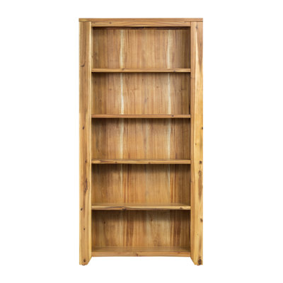71” Solid Acacia Wood 5-Shelf Bookcase, Farmhouse Shelving Tower with Rustic Brown Finish for Living Room, Office, or Bedroom